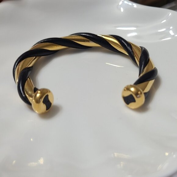 Vintage Luxury Hermes Torsade Gold Black Leather Twist Bangle Open Cuff Bracelet - Picture 6 of 10